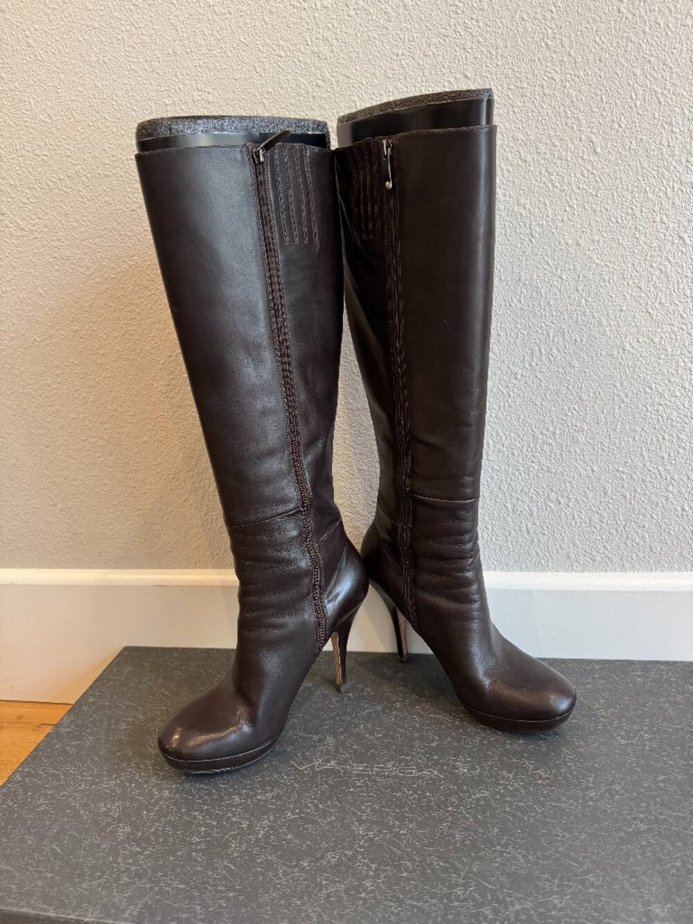 Via Spiga tall brown leather boot with platform heel, size 8.5